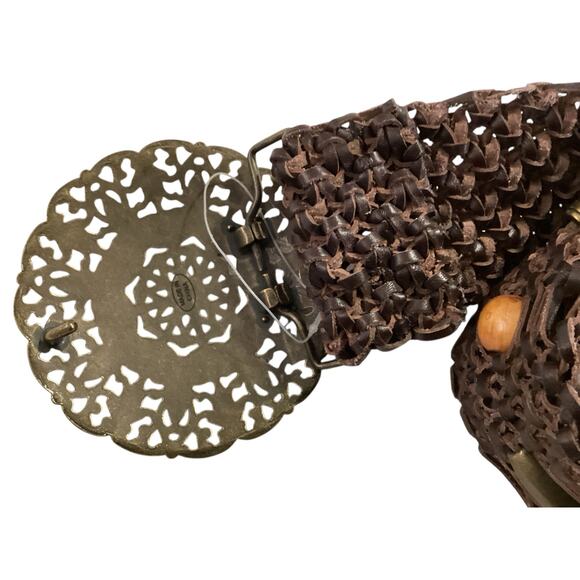 Vtg. Leather Brown Weaved Beaded Hip Hugger Belt Medalion Buckle Hippie Boho - Picture 5 of 9